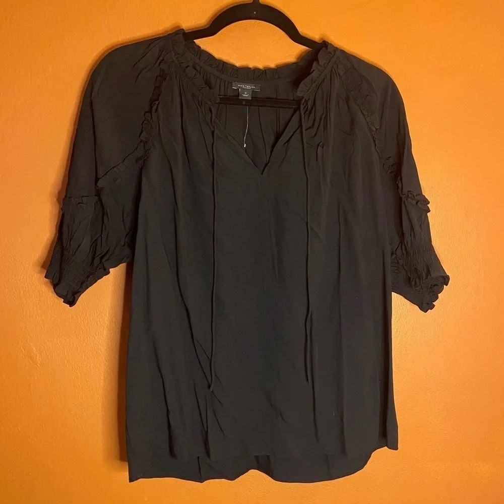 NWOT AT Factory Smocked Tie Neck Blouse